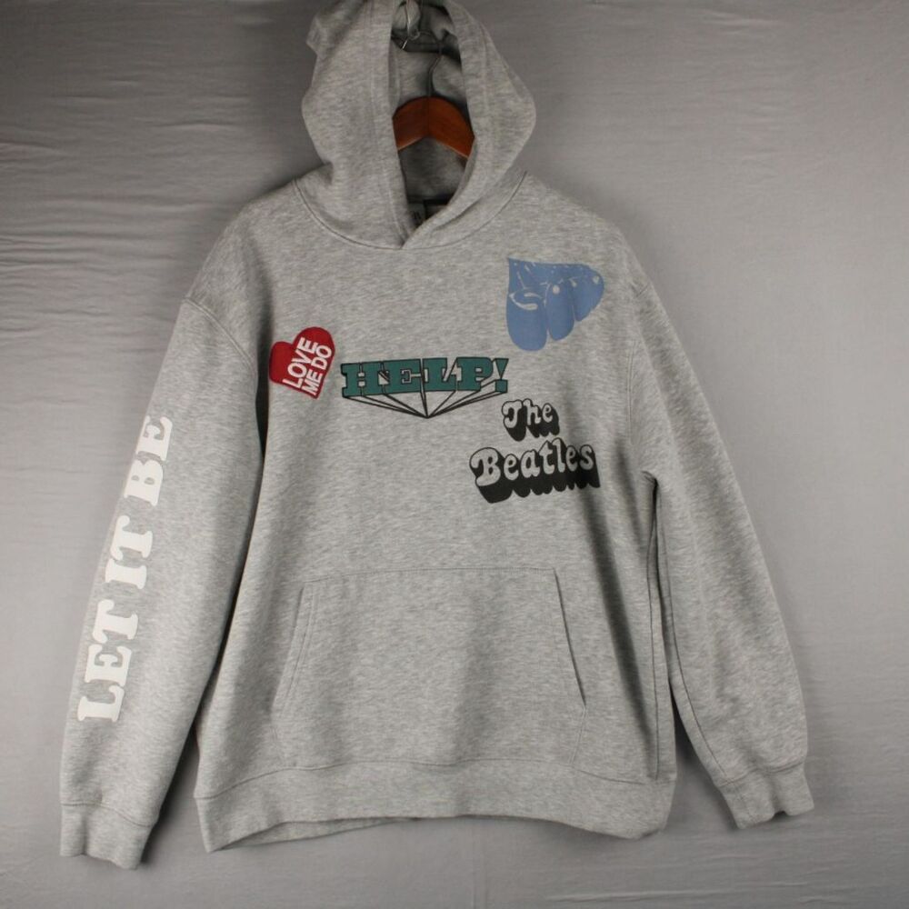 Zara X The Beatles Gray Hoodie Sweatshirt Size XL Patches Silk Screen Loose Fit